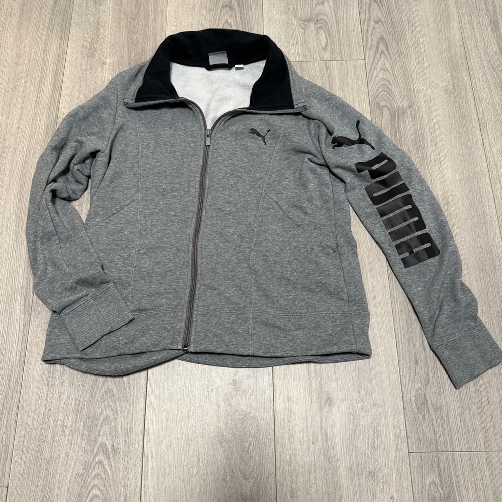 Puma Womens Gray Full Zip Track Jacket Sleeve Logo Athleisure Mock Neck Large